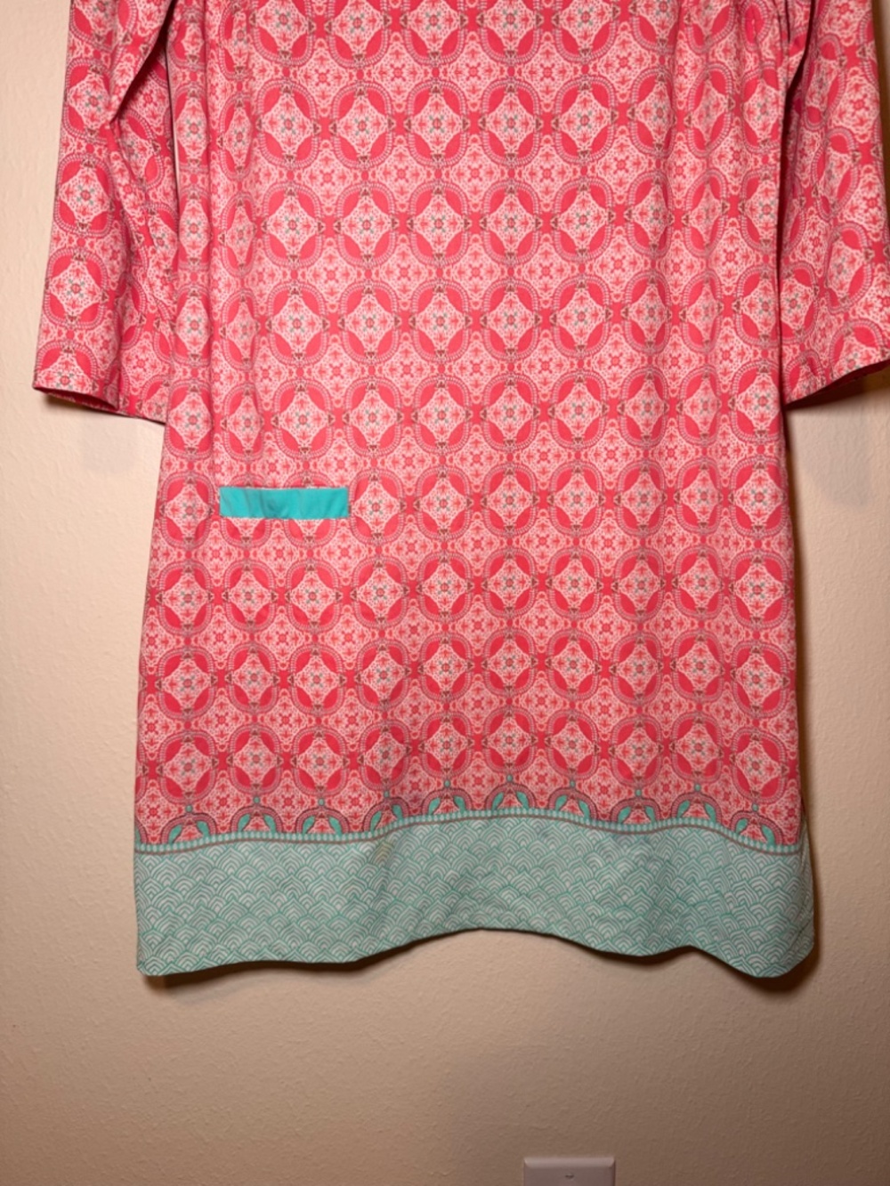 Cabana Life Shift Dress LG Pink Aqua Geometric Print UPF 50+ Pocket 3/4 Sleeve - Picture 4 of 6